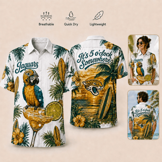 Premium NFL x JAX It's 5 O'clock Somewhere Button Up Tropical Parrot Hawaiian Shirt 110626