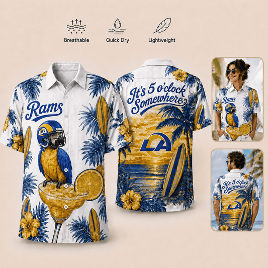 Premium NFL x LAR It's 5 O'clock Somewhere Button Up Tropical Parrot Hawaiian Shirt 110626