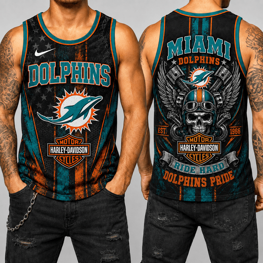 Premium NFL x MIA Motorcycle Skull Biker Ride Hard Tank Top 130626