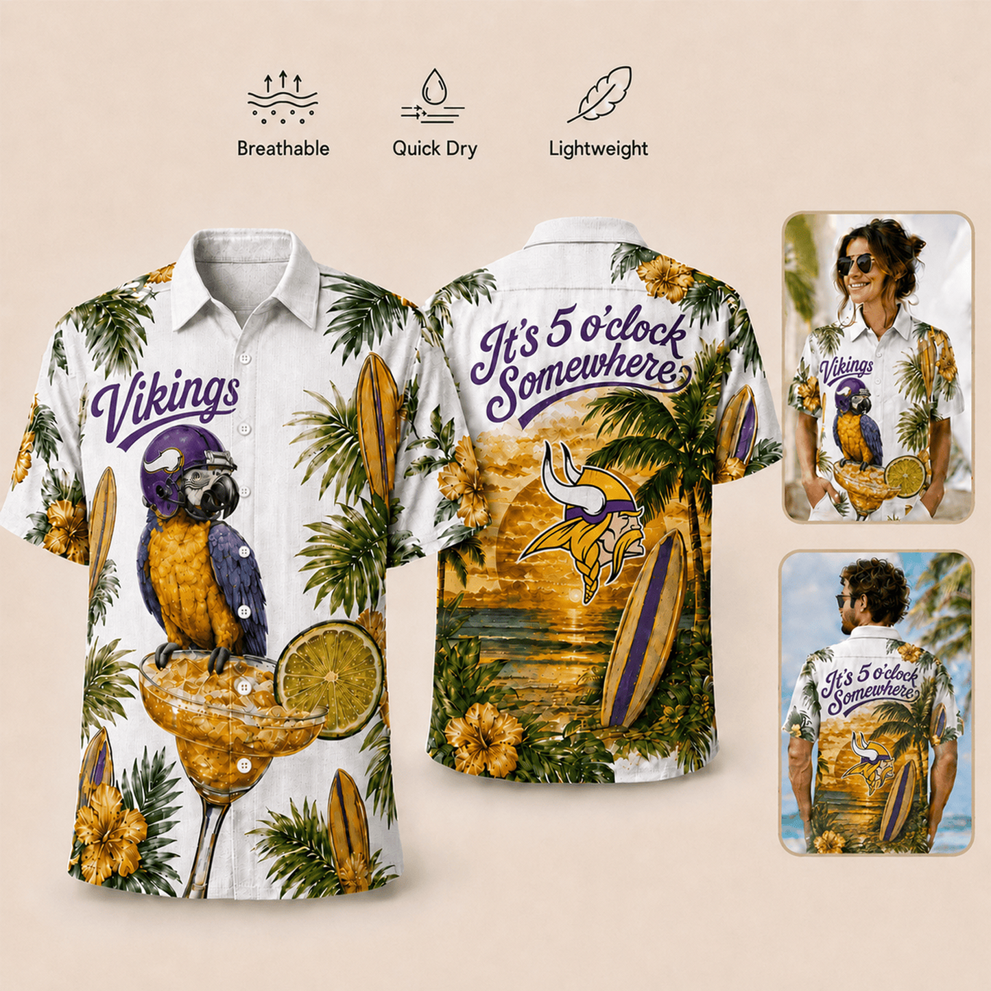 Premium NFL x MIN It's 5 O'clock Somewhere Button Up Tropical Parrot Hawaiian Shirt 110626