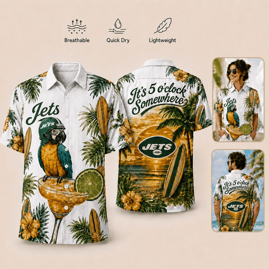 Premium NFL x NYJ It's 5 O'clock Somewhere Button Up Tropical Parrot Hawaiian Shirt 110626