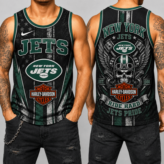 Premium NFL x NYJ Motorcycle Skull Biker Ride Hard Tank Top 130626