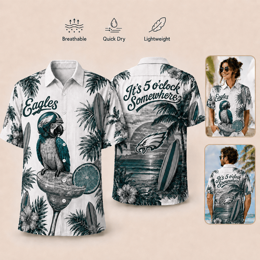 Premium NFL x PHI It's 5 O'clock Somewhere Button Up Tropical Parrot Hawaiian Shirt 110626