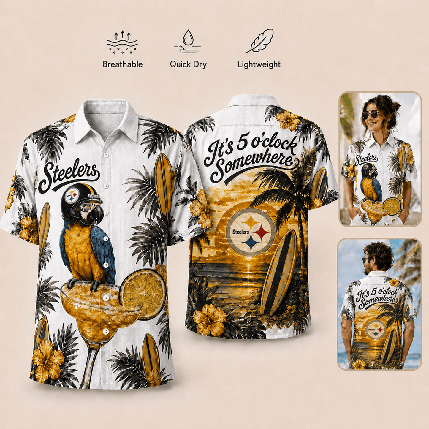 Premium NFL x PIT It's 5 O'clock Somewhere Button Up Tropical Parrot Hawaiian Shirt 110626