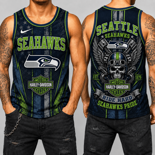 Premium NFL x SEA Motorcycle Skull Biker Ride Hard Tank Top 130626