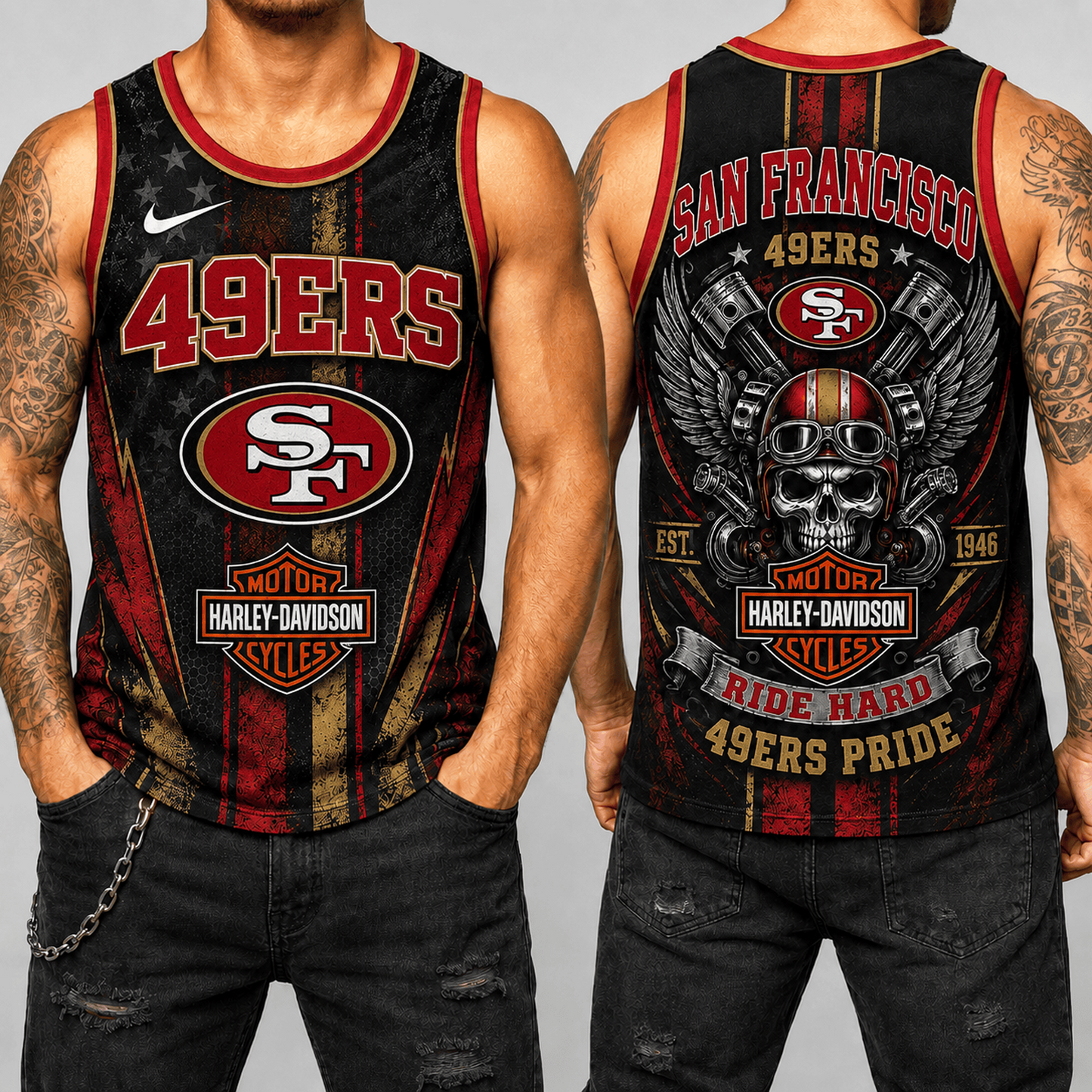 Premium NFL x SF Motorcycle Skull Biker Ride Hard Tank Top 130626