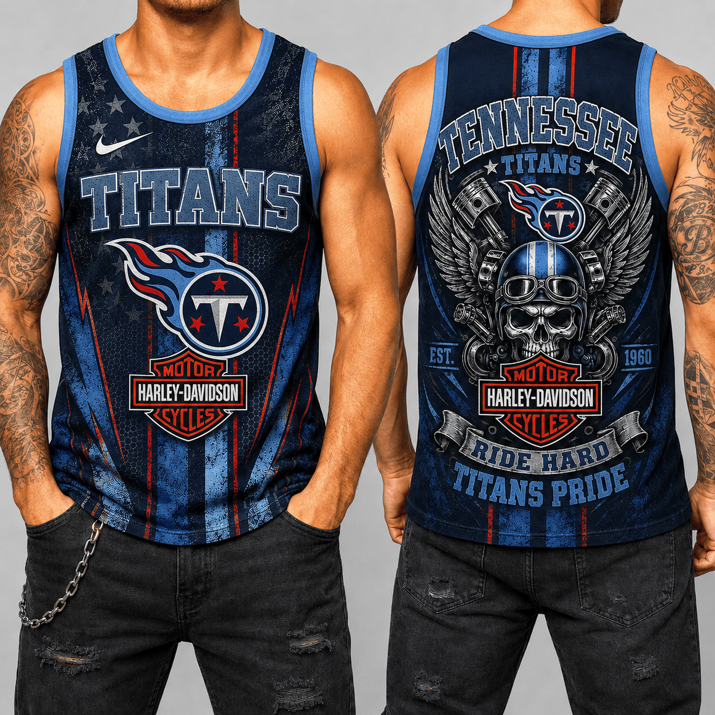 Premium NFL x TEN Motorcycle Skull Biker Ride Hard Tank Top 130626