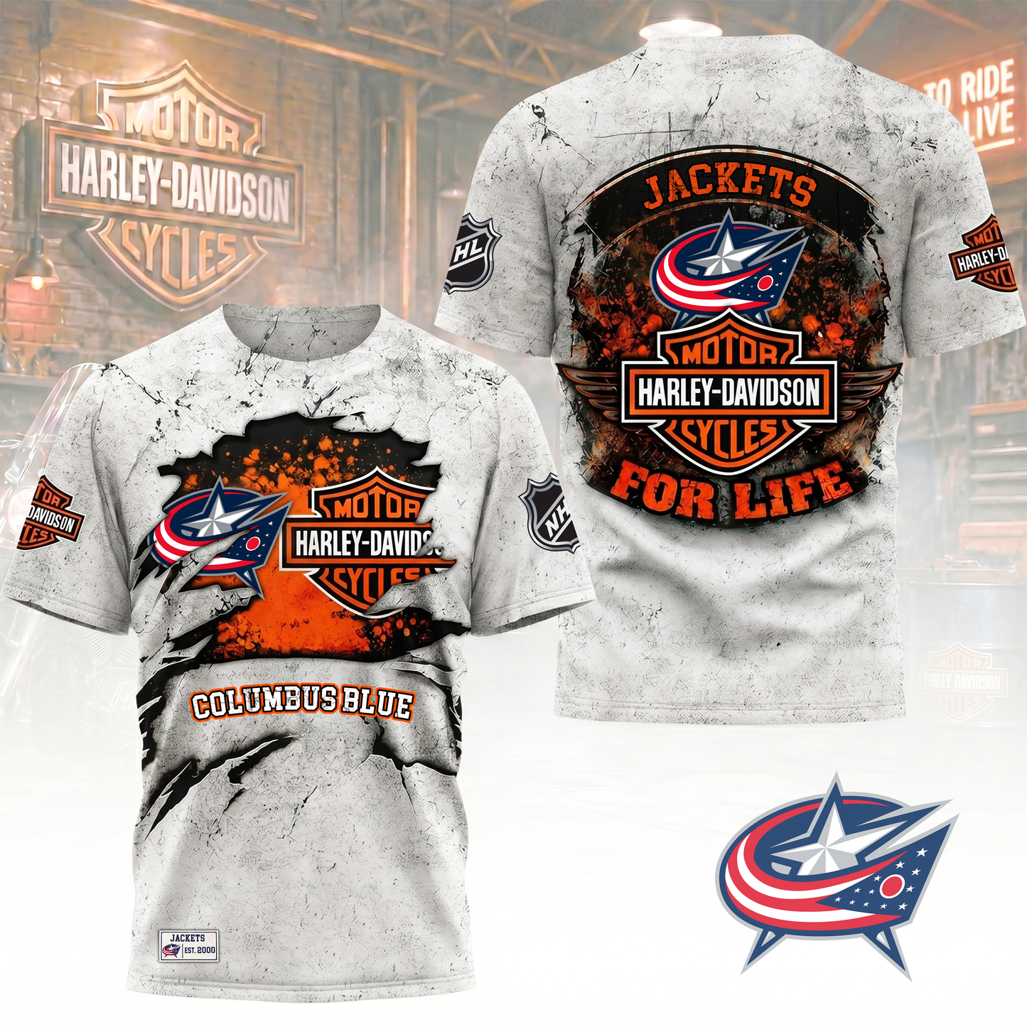 Premium NHL X CBJ Harley Davidson For Life 3D Shirt NDT VHM 180526