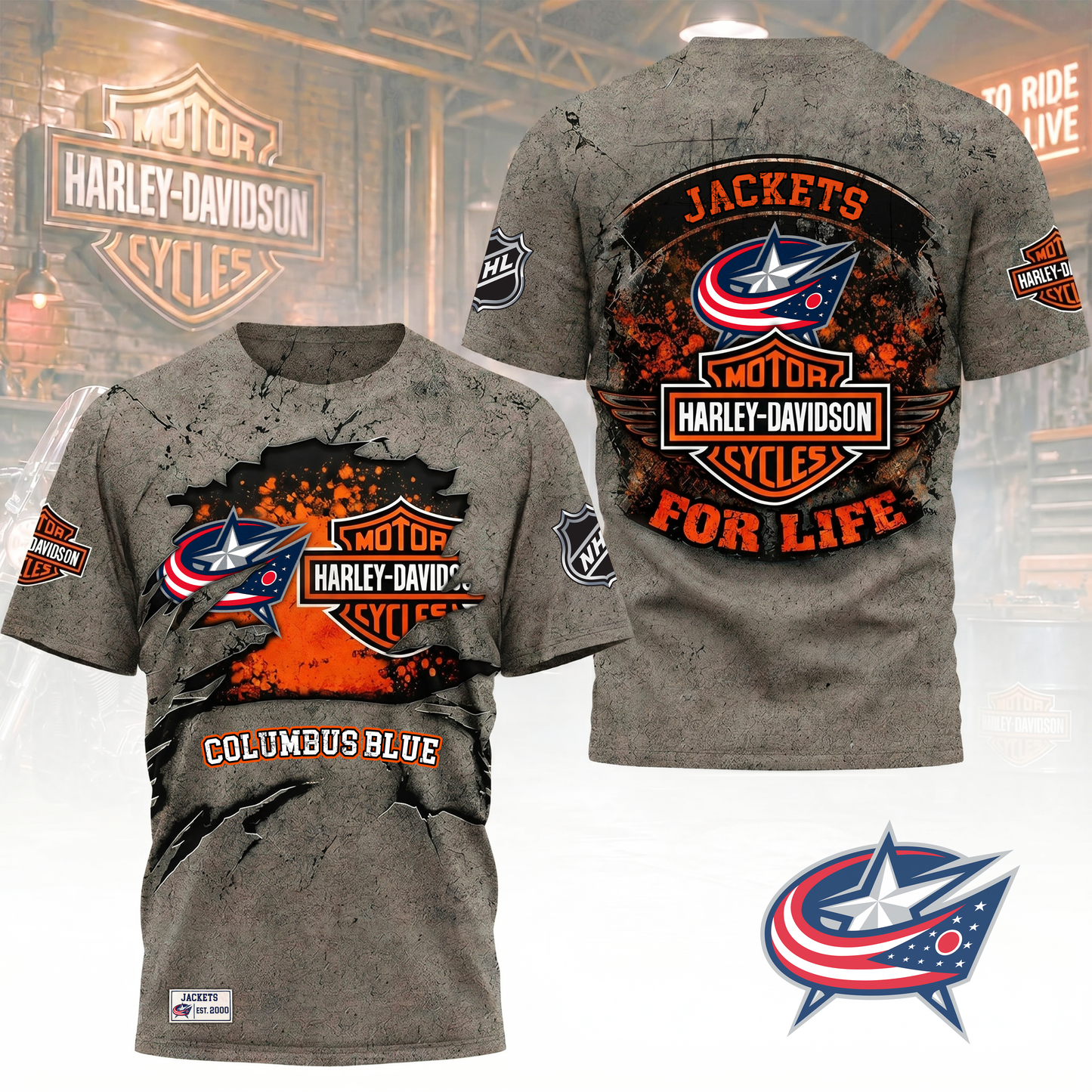 Premium NHL X CBJ Harley Davidson For Life 3D Shirt NDT VHM 180526
