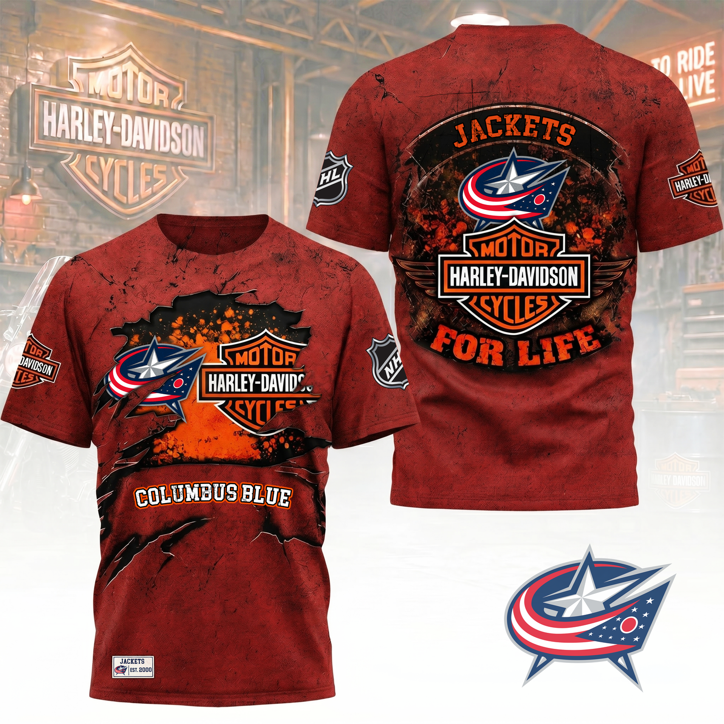 Premium NHL X CBJ Harley Davidson For Life 3D Shirt NDT VHM 180526