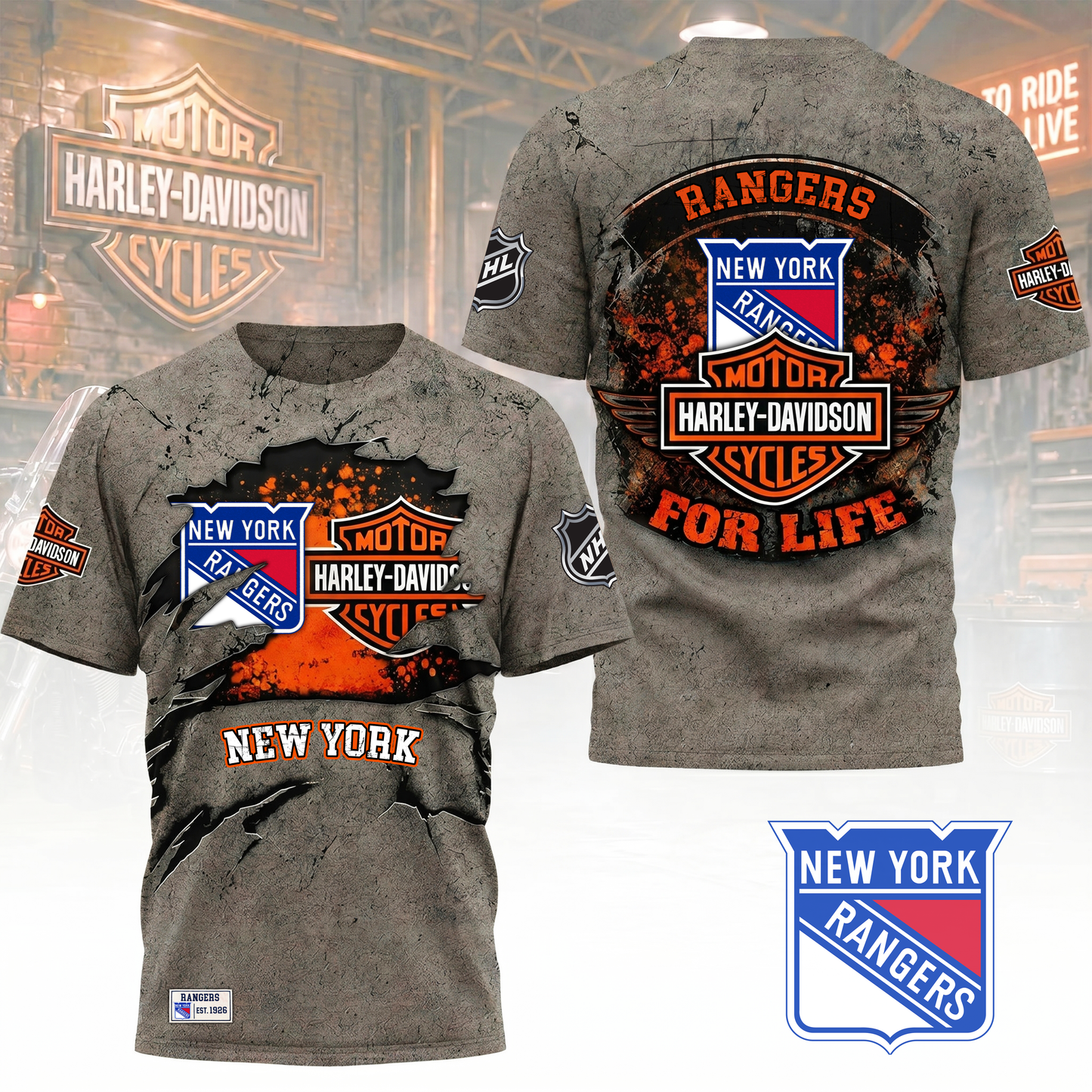 Premium NHL X NYR Harley Davidson For Life 3D Shirt NDT VHM 180526