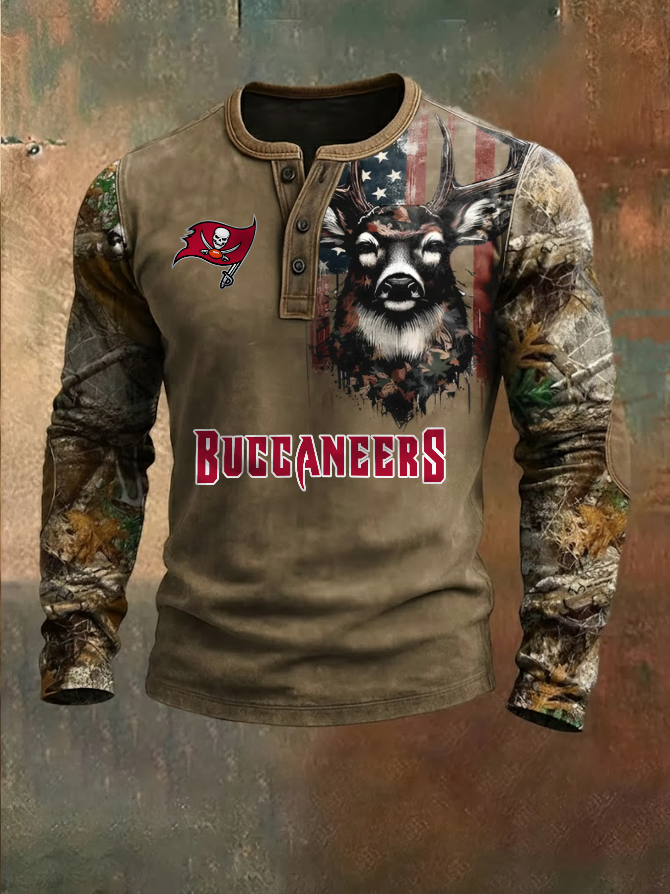 Premium NFL X TB Retro Western Deer Henley Long Sleeve Shirt NDT NHM 311225