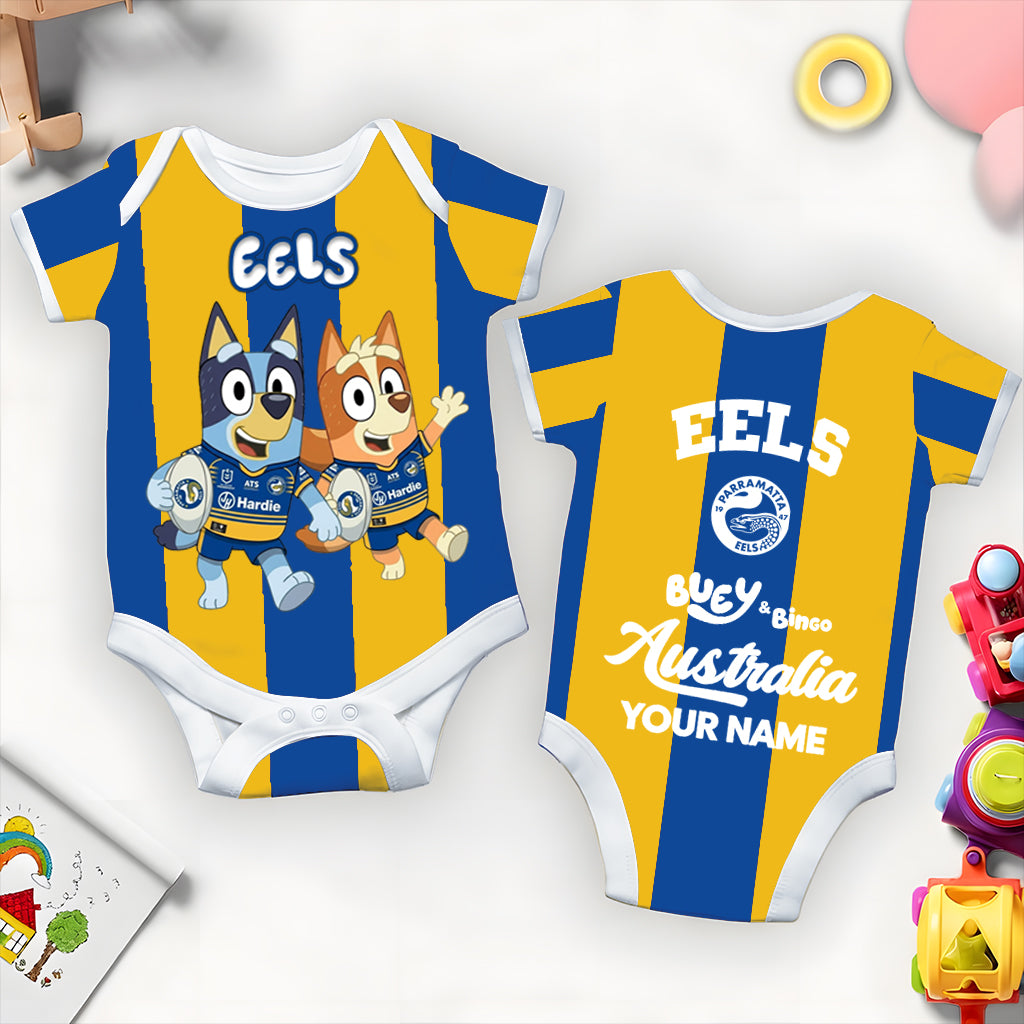 Premium NRL X PE Bluey & Bingo  Baby Romper Custom Name For Kids V4 NDT LVH 230326