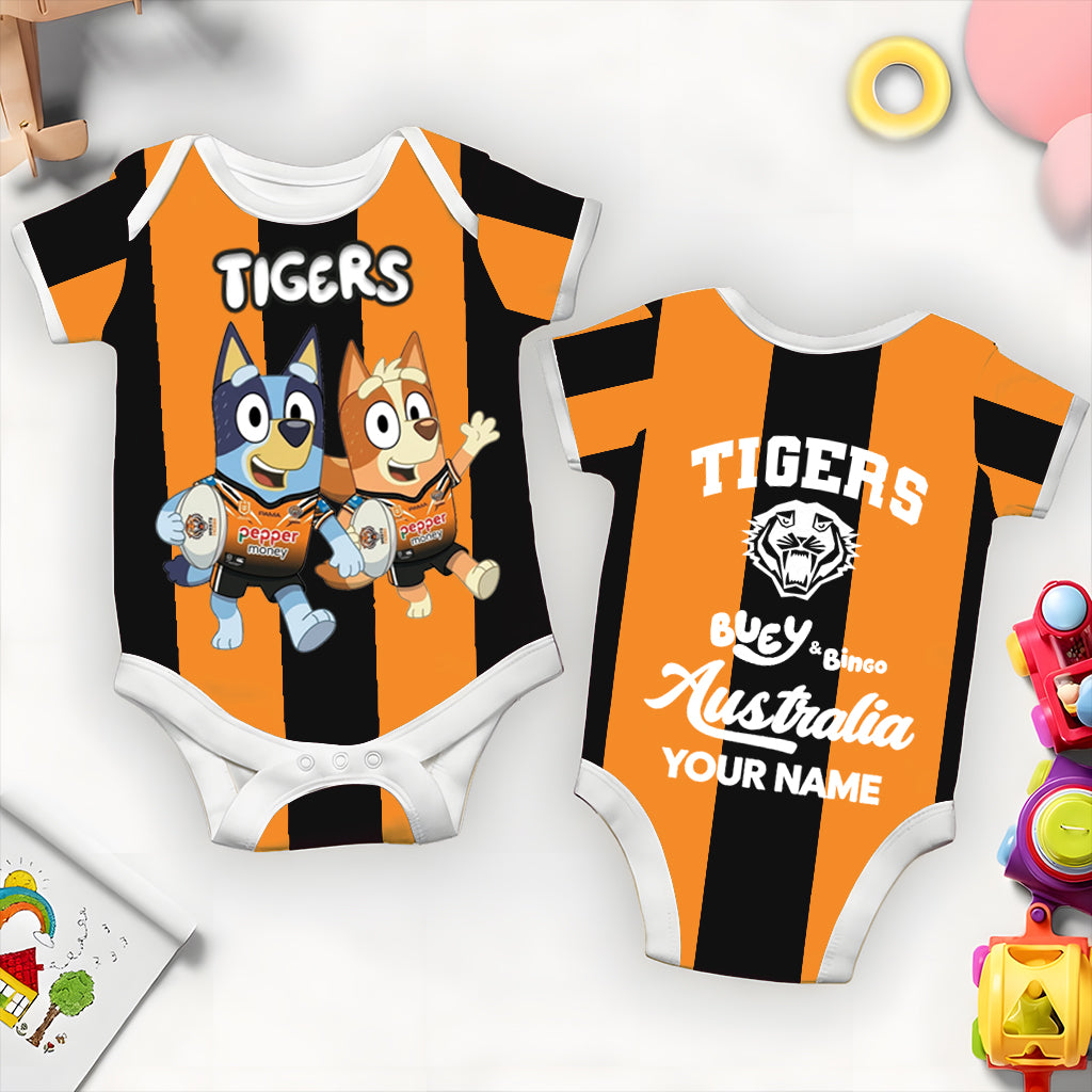 Premium NRL X WT Bluey & Bingo  Baby Romper Custom Name For Kids V4 NDT LVH 230326