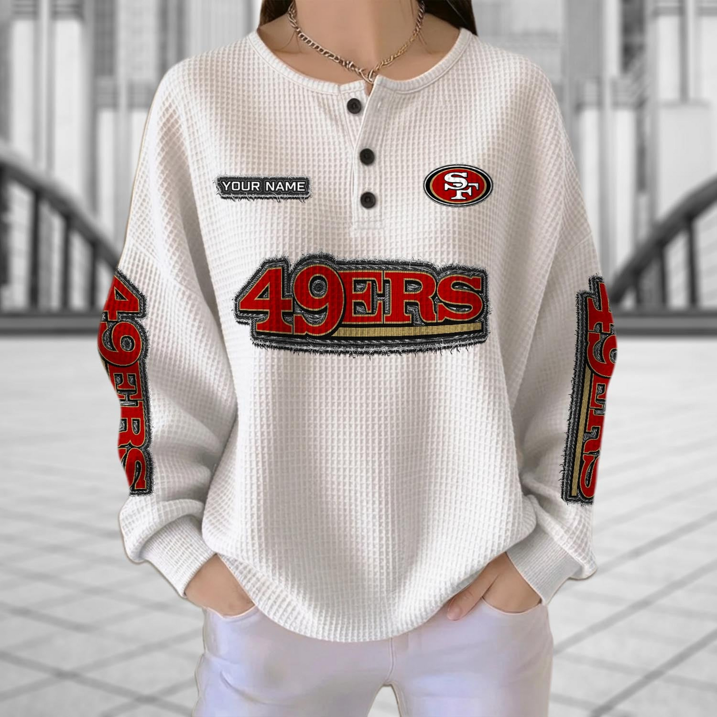 SF x NFL Personalized Waffle Knit Henley Sweatshirt 2005 DatND DVT