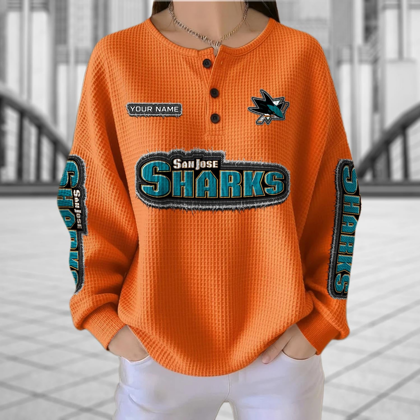 SJS x NHL Personalized Waffle Knit Henley Sweatshirt 2005 DatND DVT