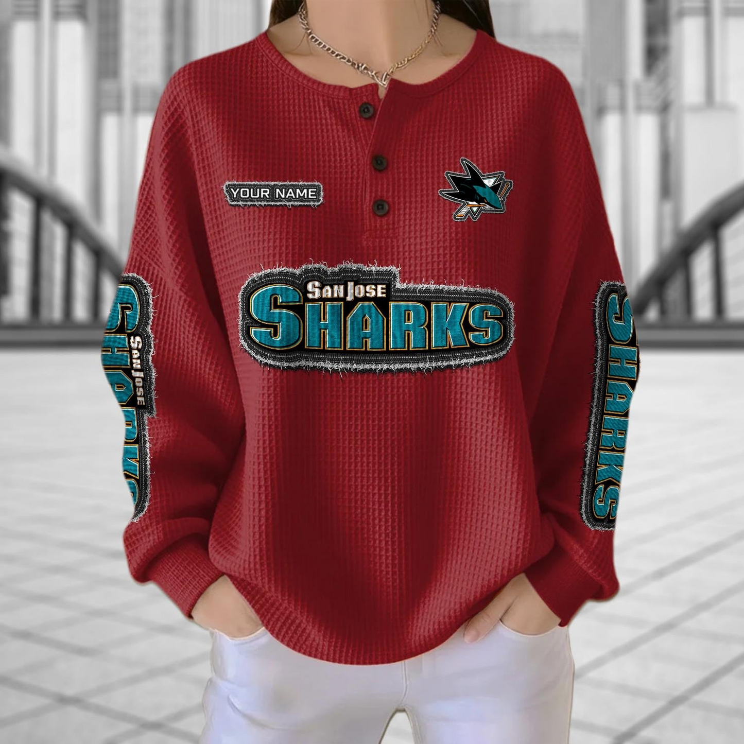 SJS x NHL Personalized Waffle Knit Henley Sweatshirt 2005 DatND DVT