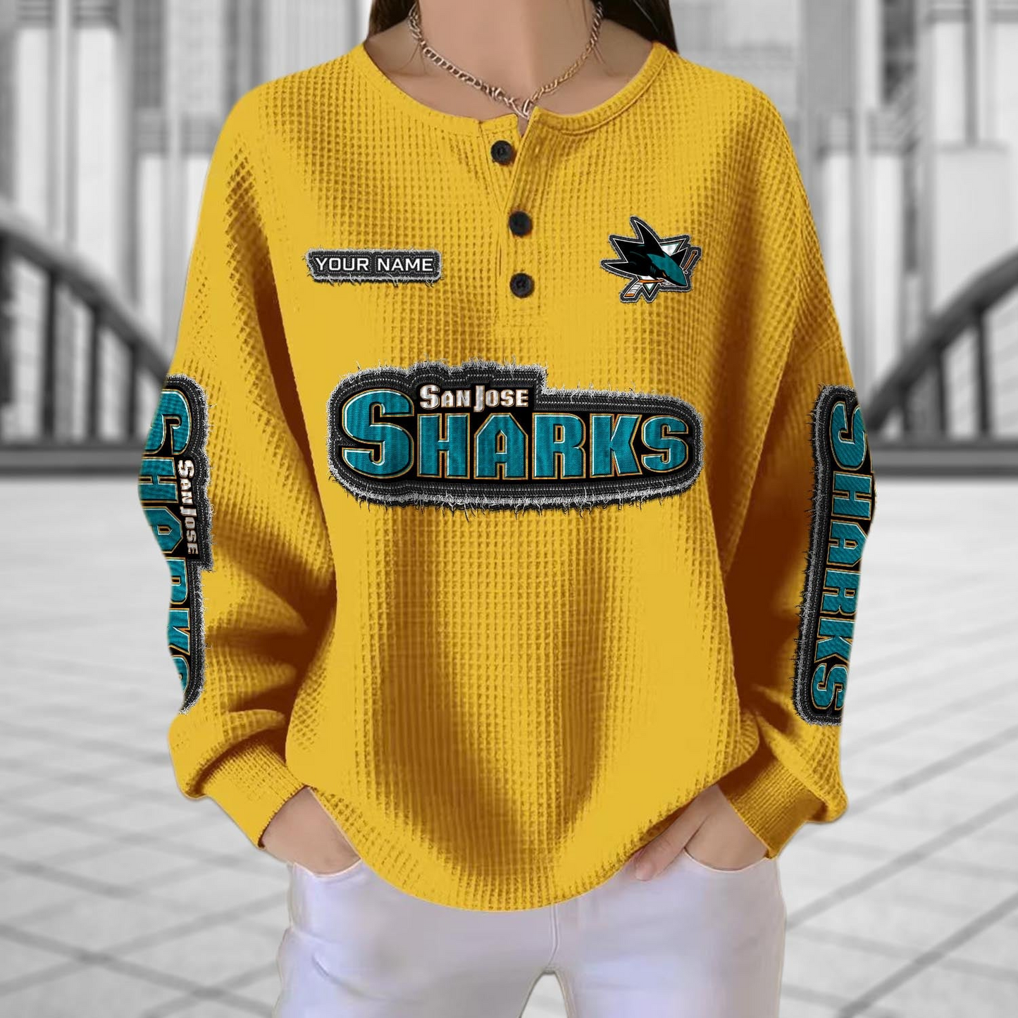 SJS x NHL Personalized Waffle Knit Henley Sweatshirt 2005 DatND DVT