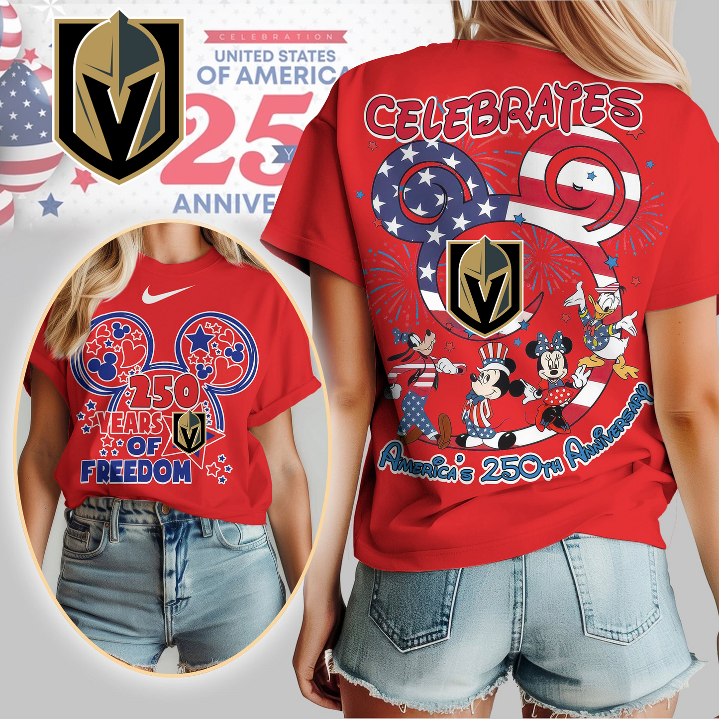 VGK Premium NHL Mickey Celebrates America 250th Anniversary Women Shirt DDT CTND