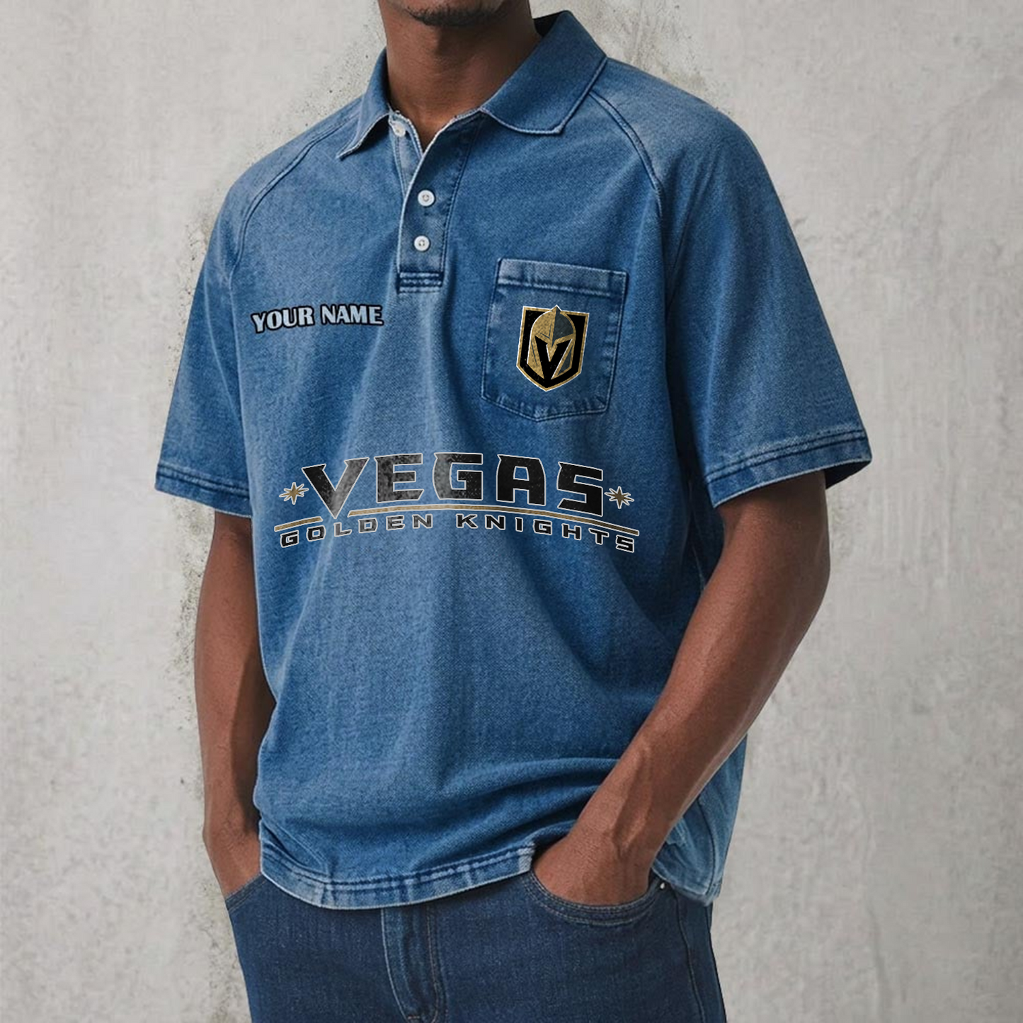 VGK x NHL Men's Distressed Turn-Down Collar Polo DATND TANTD 250526