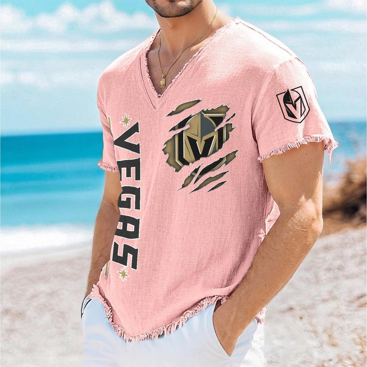 VGK x NHL V-Neck Linen Beach Shirt 1905 DatND DVT