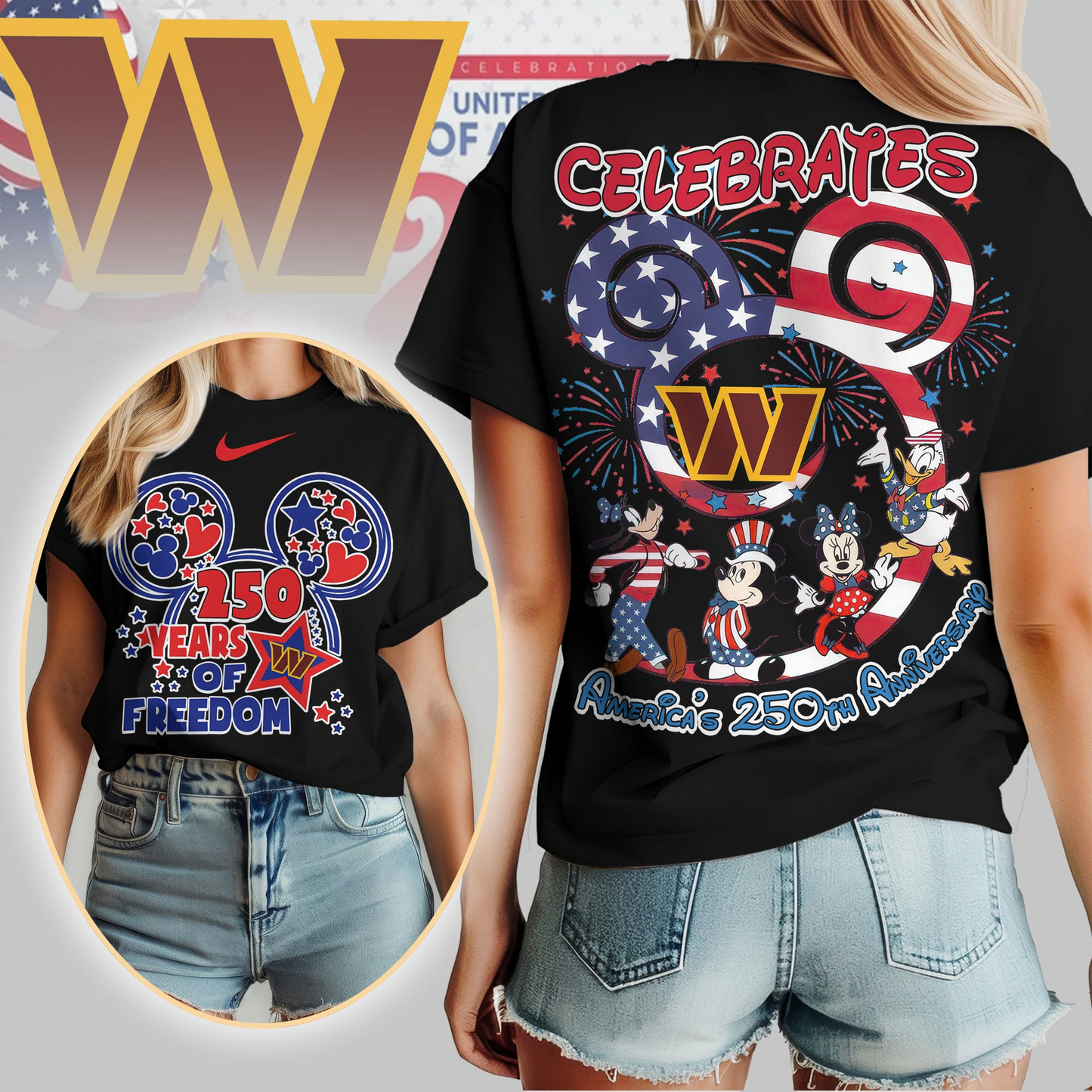 WC Premium NFL Mickey Celebrates America 250th Anniversary Women Shirt DDT NTL