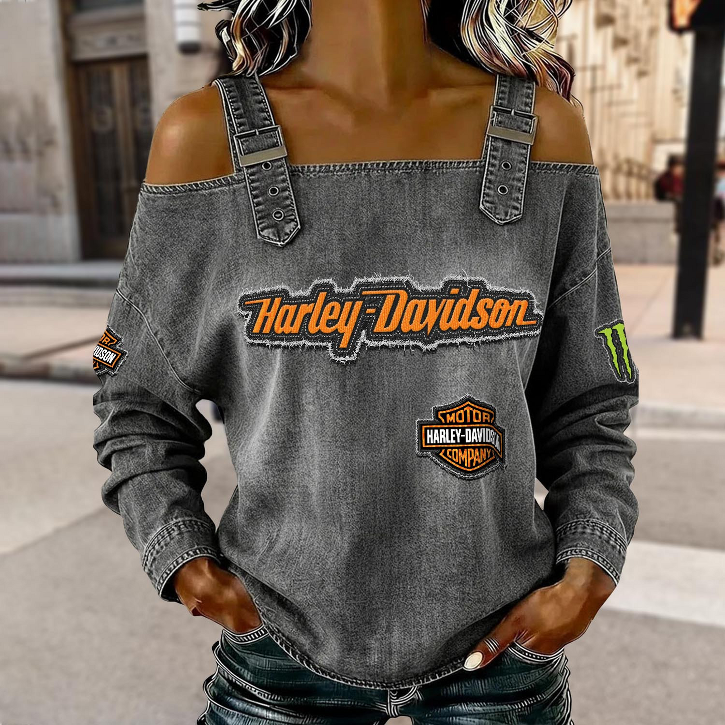 Women's HD Racing Acid Wash Off Shoulder Sweatshirt DATND TANTD 290526