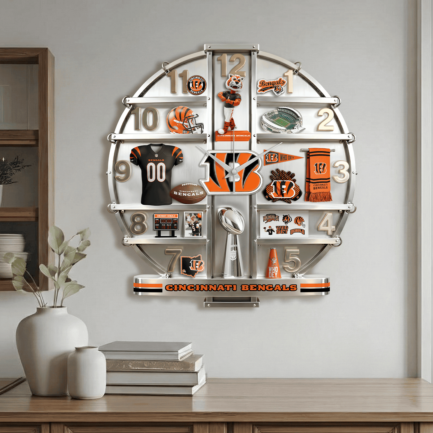 CIN x NFL Home Decorative 3D Visual Effect Acrylic Wall Clock NAK CTKT