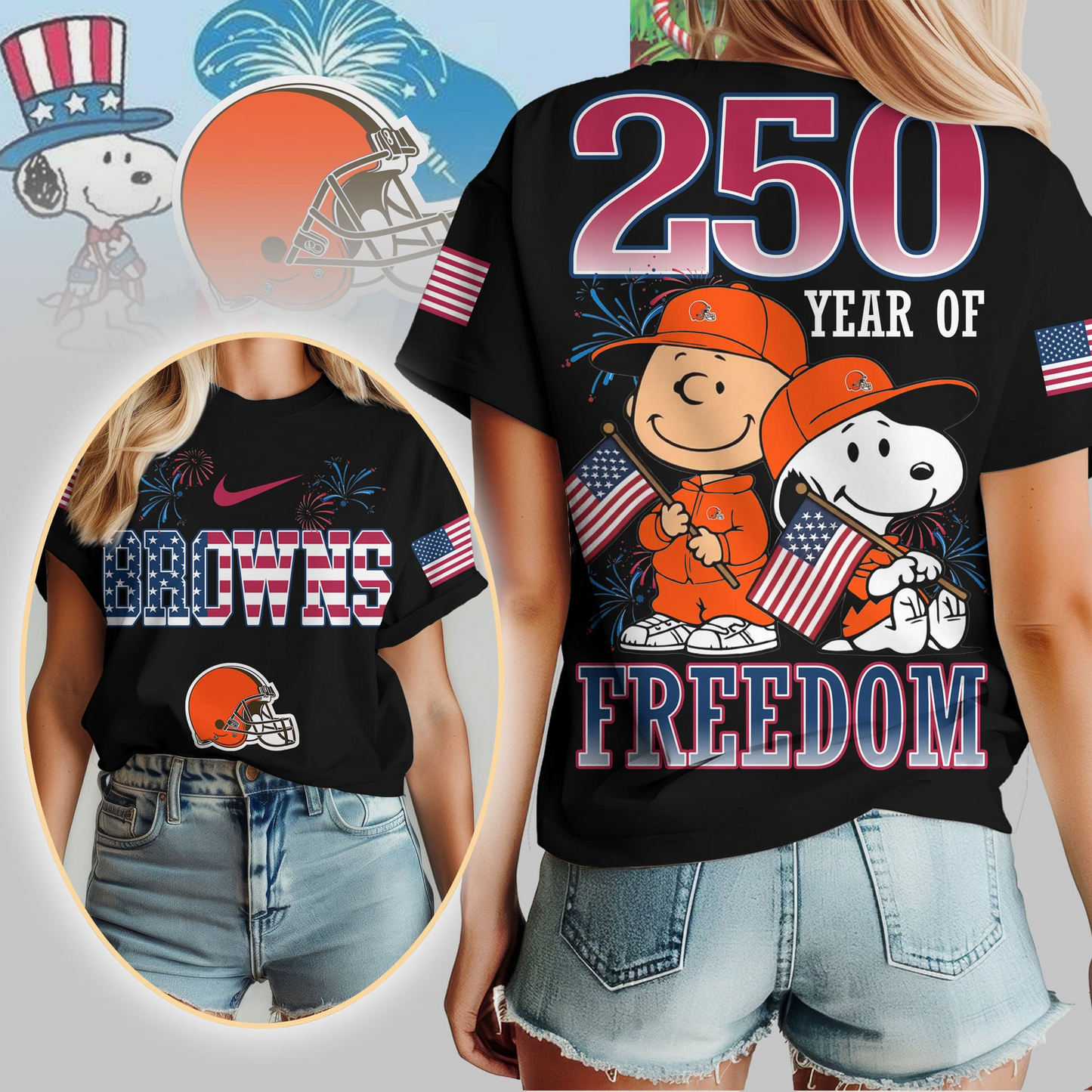 CLE Premium NFL Peanuts 250 Years Of Freedom 3D Shirt DDT NTL