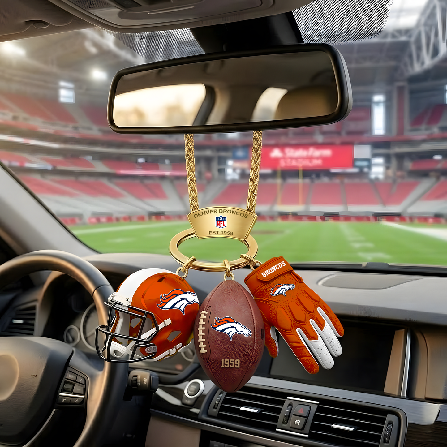 DEN X NFL Helmet and Football Car Ornament NAK NHT