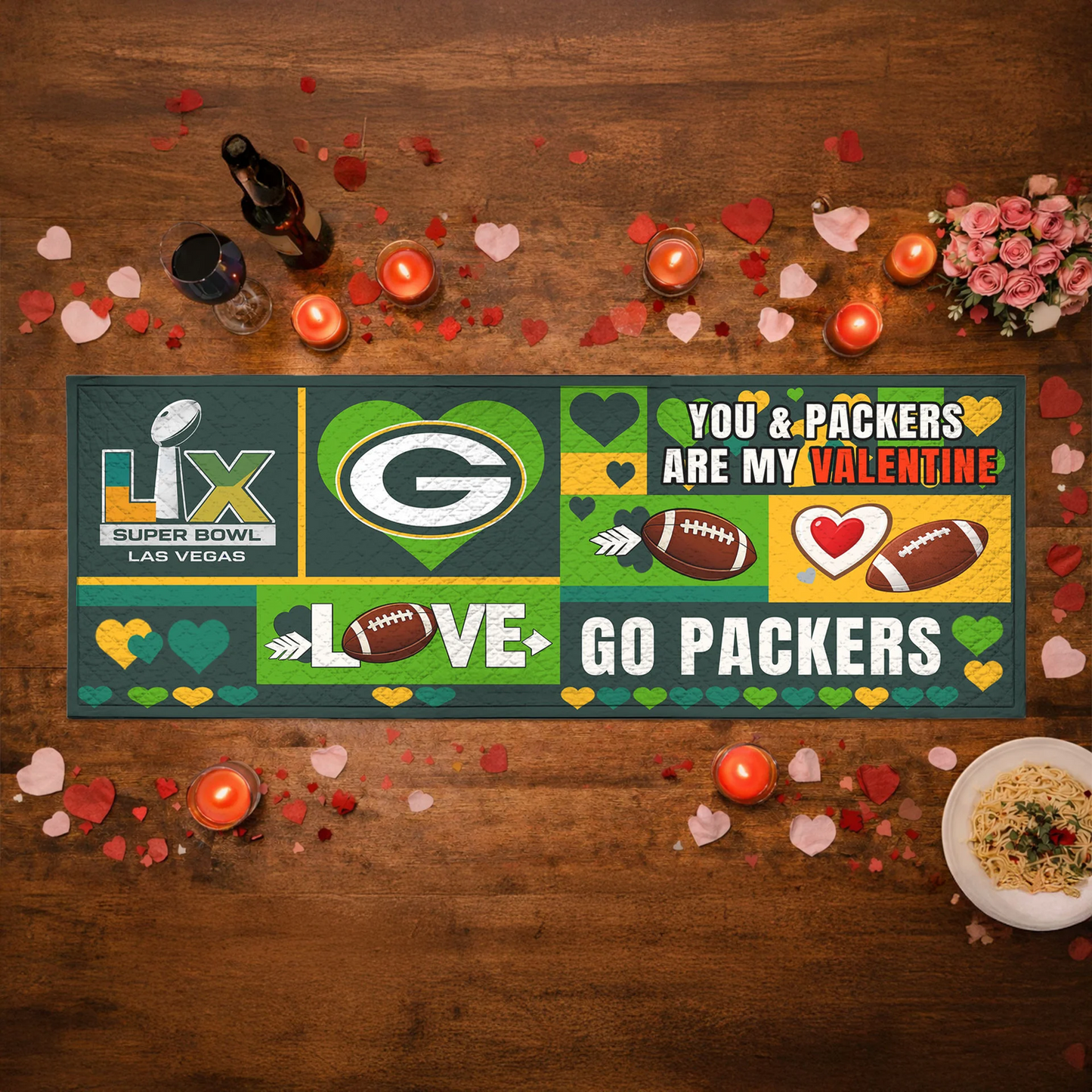 GB X NFL Premium Super Bowl-themed tablecloth, quilted and embroidered, perfect for Valentine's Day NAK NHT