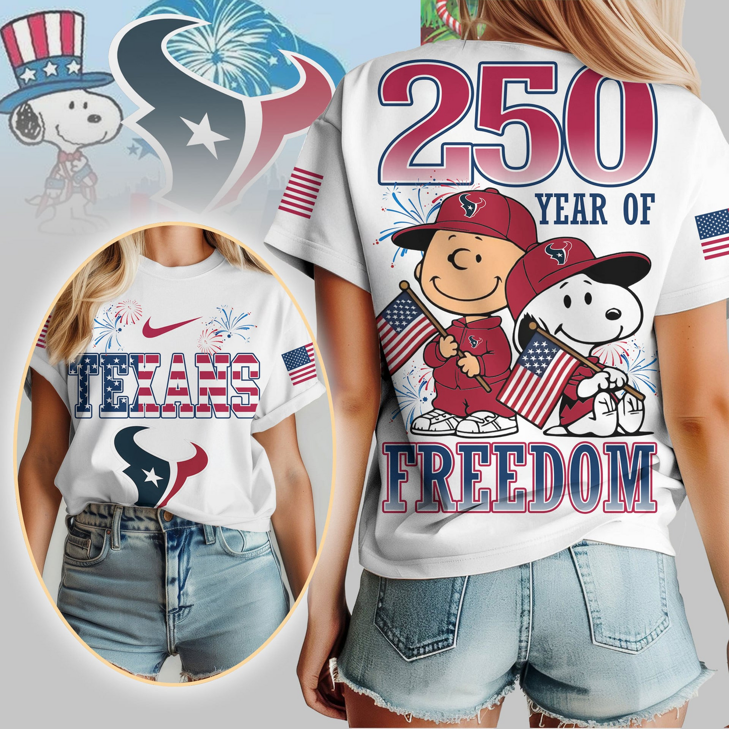HT Premium NFL Peanuts 250 Years Of Freedom 3D Shirt DDT NTL