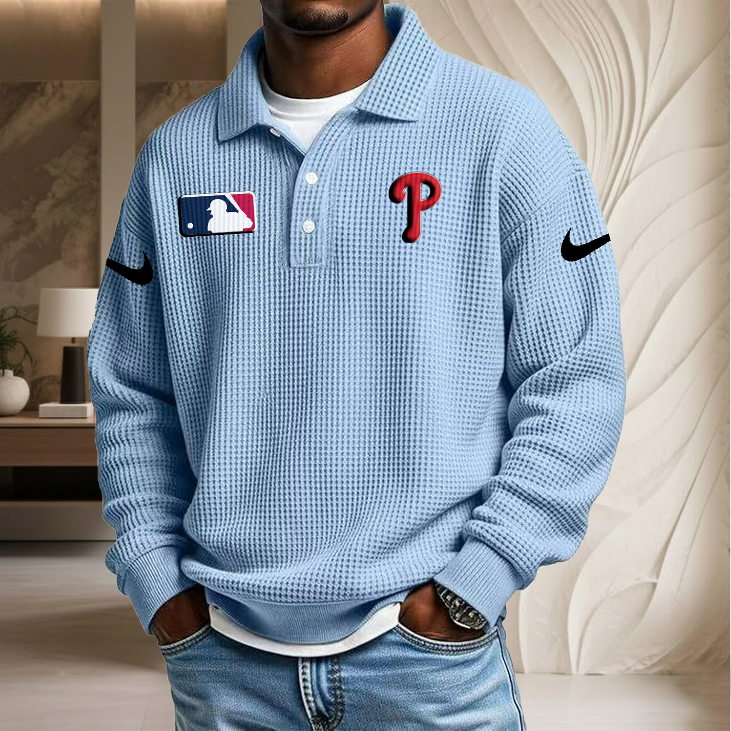 MLB x PHI Waffle Three Button Lapel Polo HLP HLPHUONG