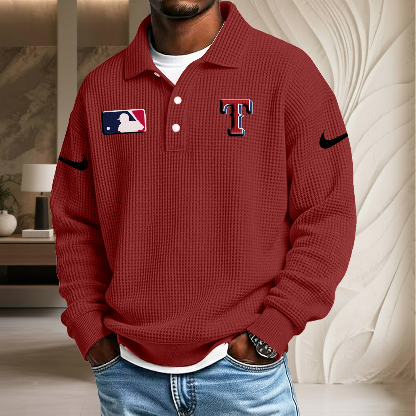 MLB x TEX Waffle Three Button Lapel Polo HLP HLPHUONG