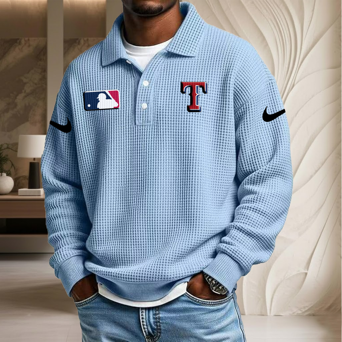 MLB x TEX Waffle Three Button Lapel Polo HLP HLPHUONG
