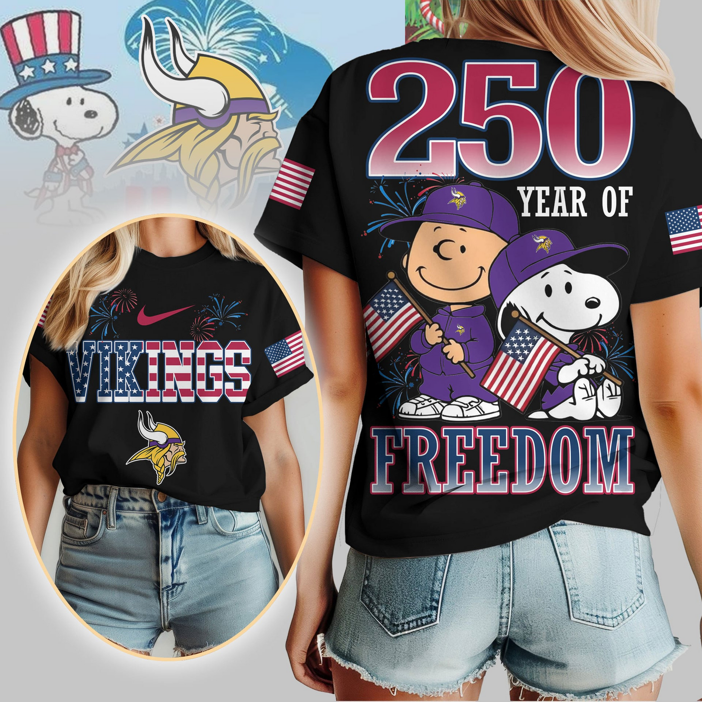 MV Premium NFL Peanuts 250 Years Of Freedom 3D Shirt DDT NTL