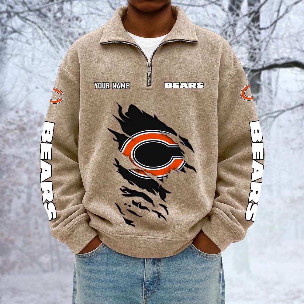 NFL x CHI Custom Name Half-zip Collar Suede Sweatshirt HLP HLPHUONG