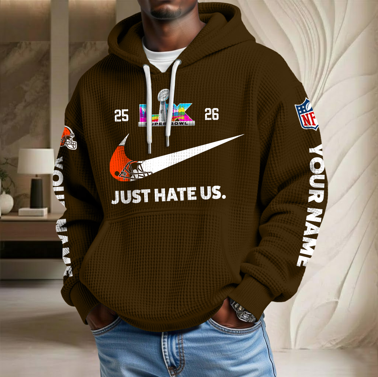 NFL x CLE SB Just Hate Us Custom Name Waffle Hoodie HLP HLPHUONG