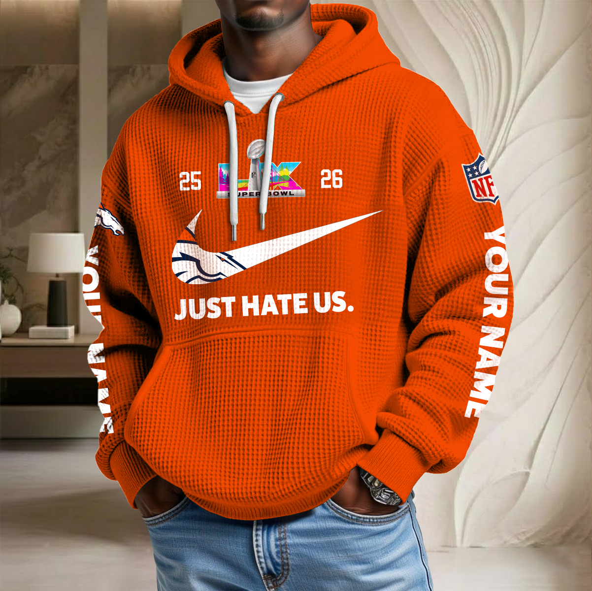 NFL x DEN SB Just Hate Us Custom Name Waffle Hoodie HLP HLPHUONG