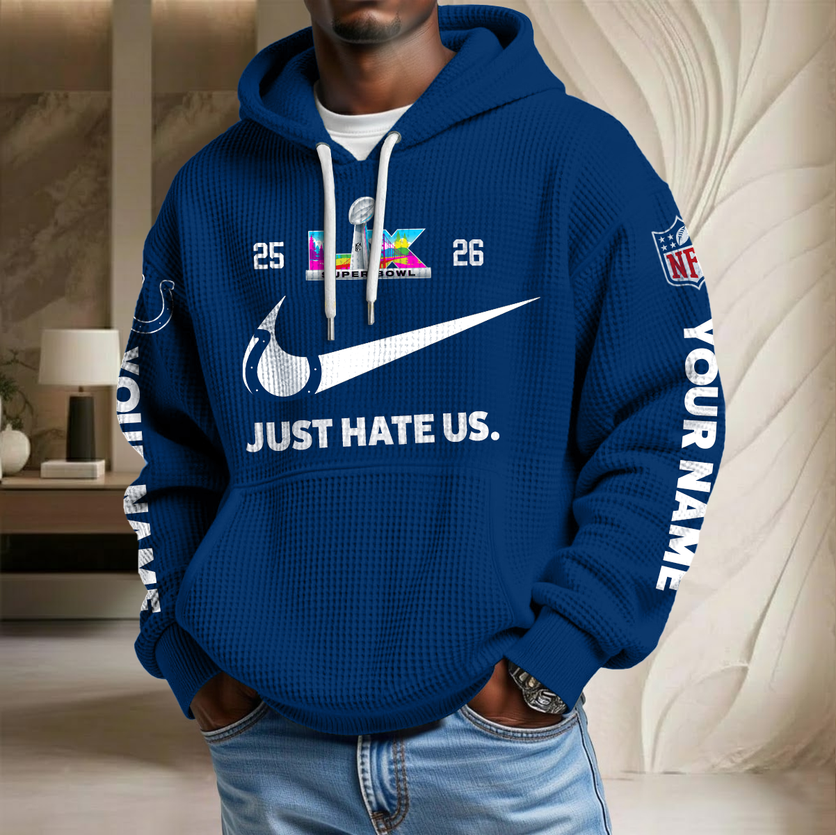 NFL x IND SB Just Hate Us Custom Name Waffle Hoodie HLP HLPHUONG