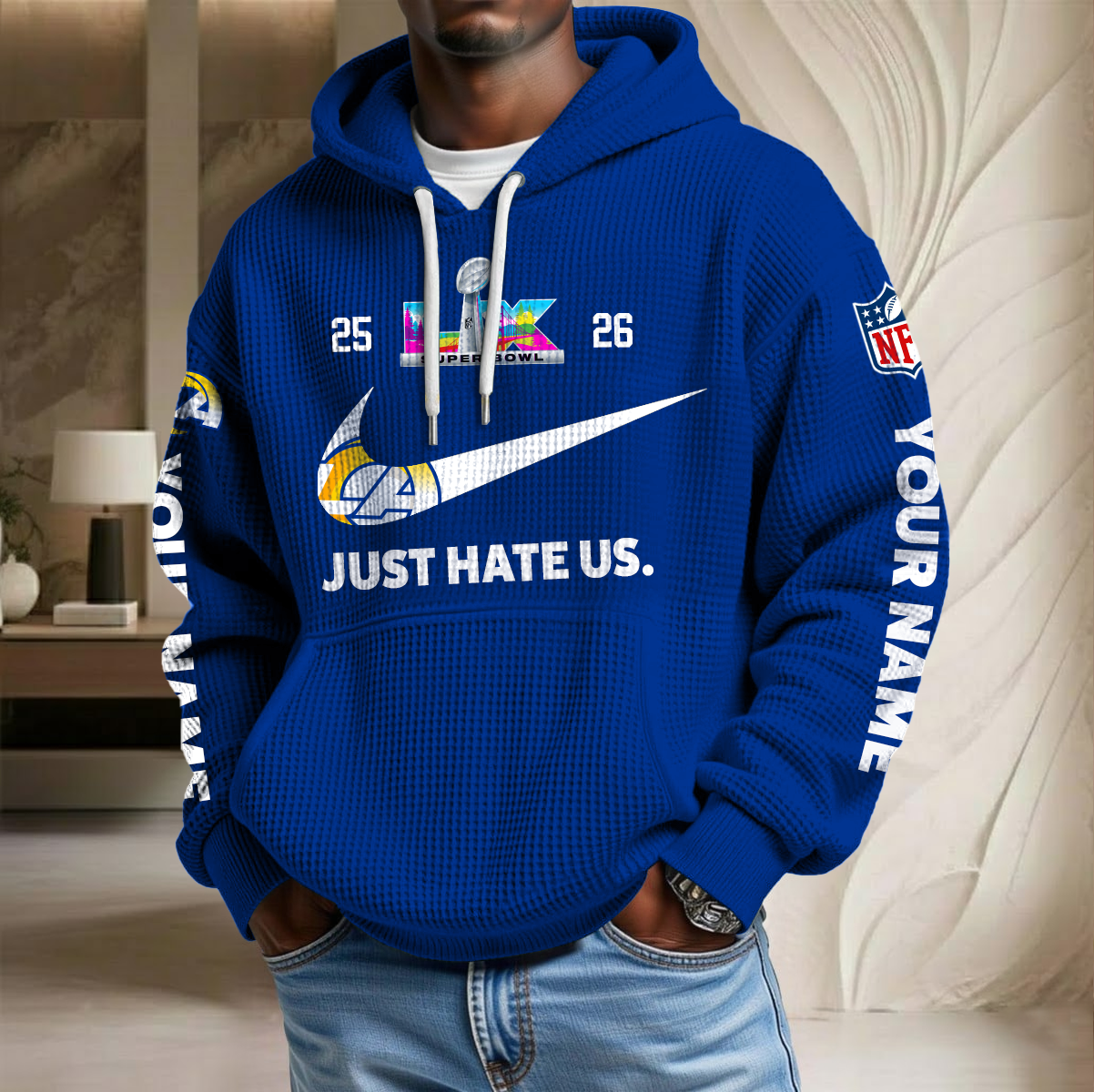 NFL x LAR SB Just Hate Us Custom Name Waffle Hoodie HLP HLPHUONG