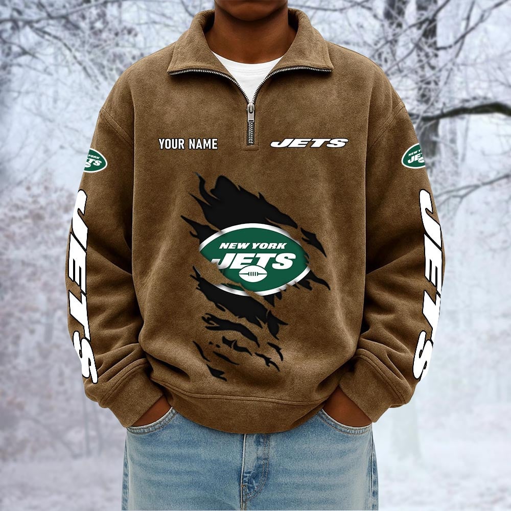 NFL x NYJ Custom Name Half-zip Collar Suede Sweatshirt HLP HLPHUONG