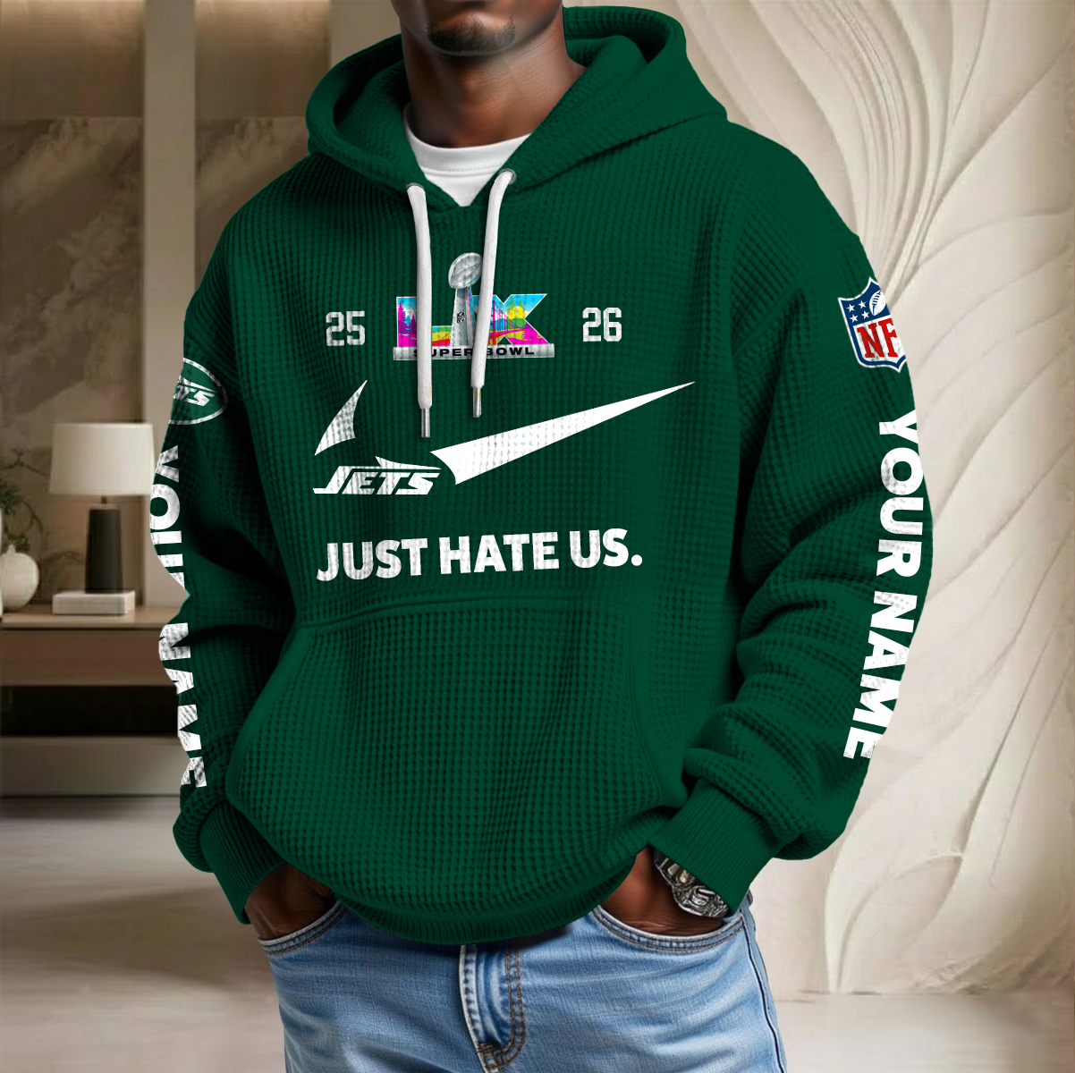 NFL x NYJ SB Just Hate Us Custom Name Waffle Hoodie HLP HLPHUONG