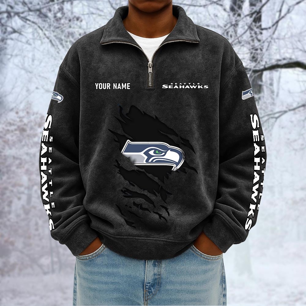 NFL x SEA Custom Name Half-zip Collar Suede Sweatshirt HLP HLPHUONG