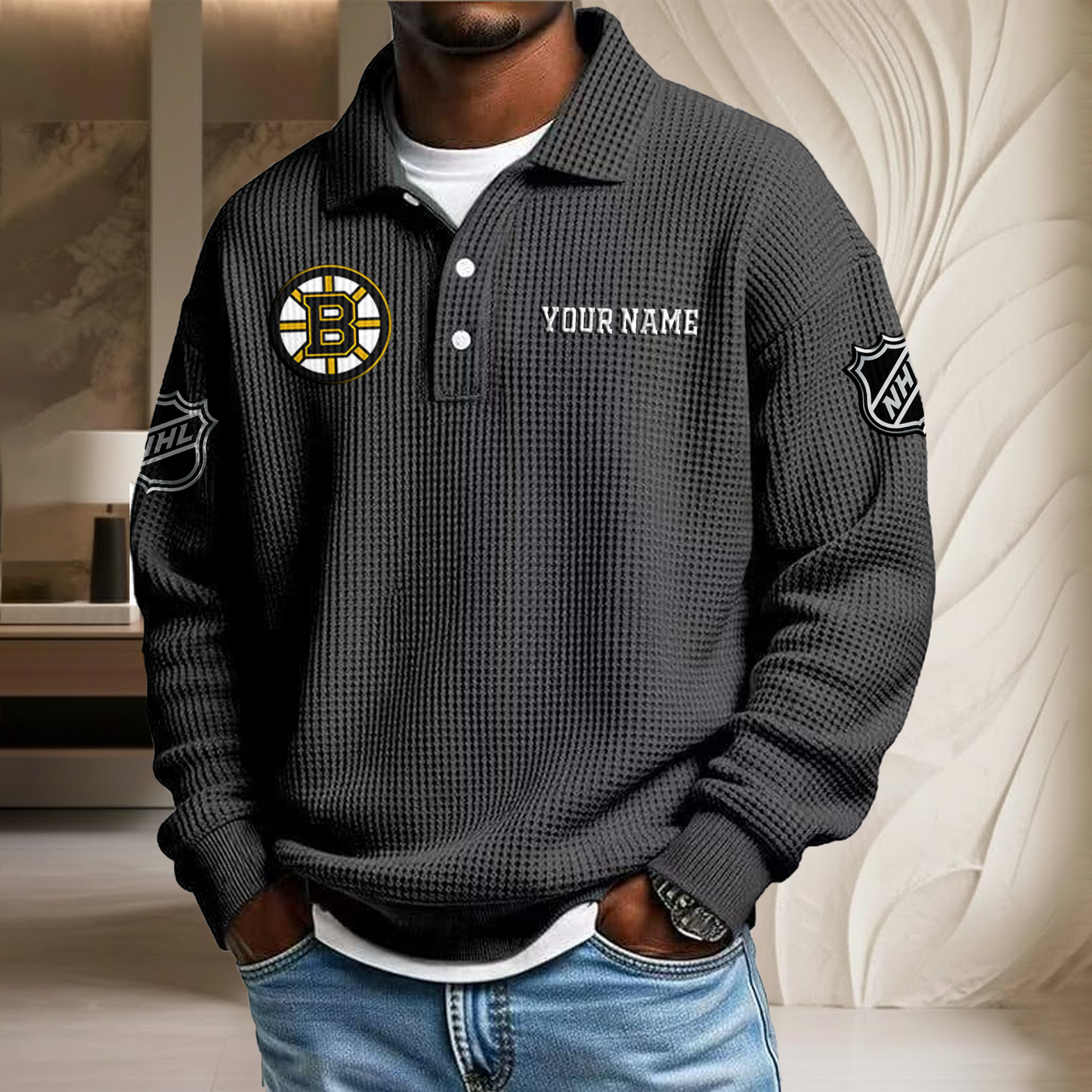 NHL x BOS Custom Name Waffle Three Button Lapel Polo HLP HLPHUONG
