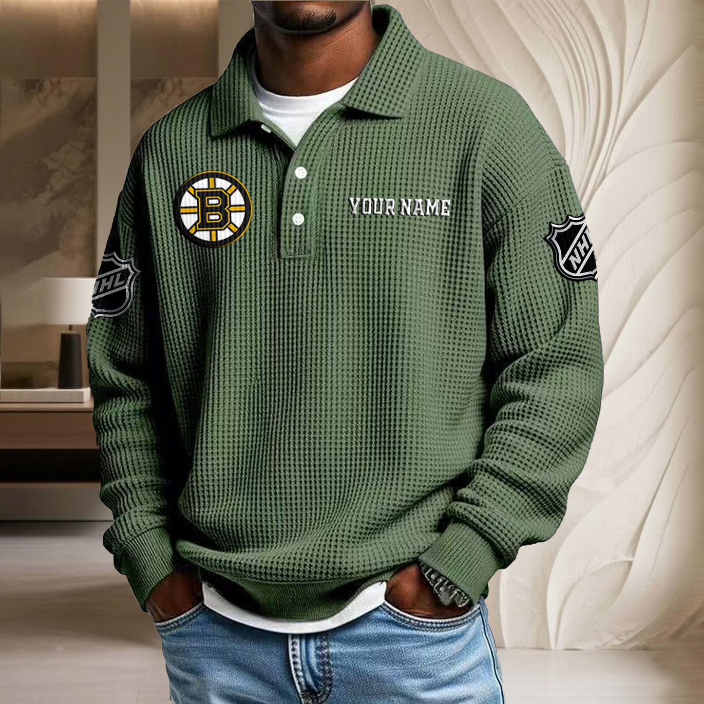 NHL x BOS Custom Name Waffle Three Button Lapel Polo HLP HLPHUONG