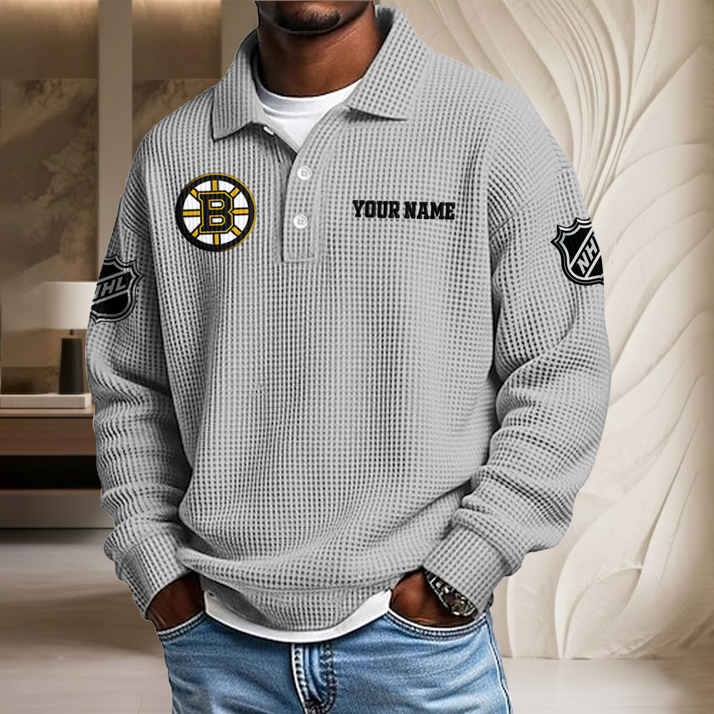 NHL x BOS Custom Name Waffle Three Button Lapel Polo HLP HLPHUONG