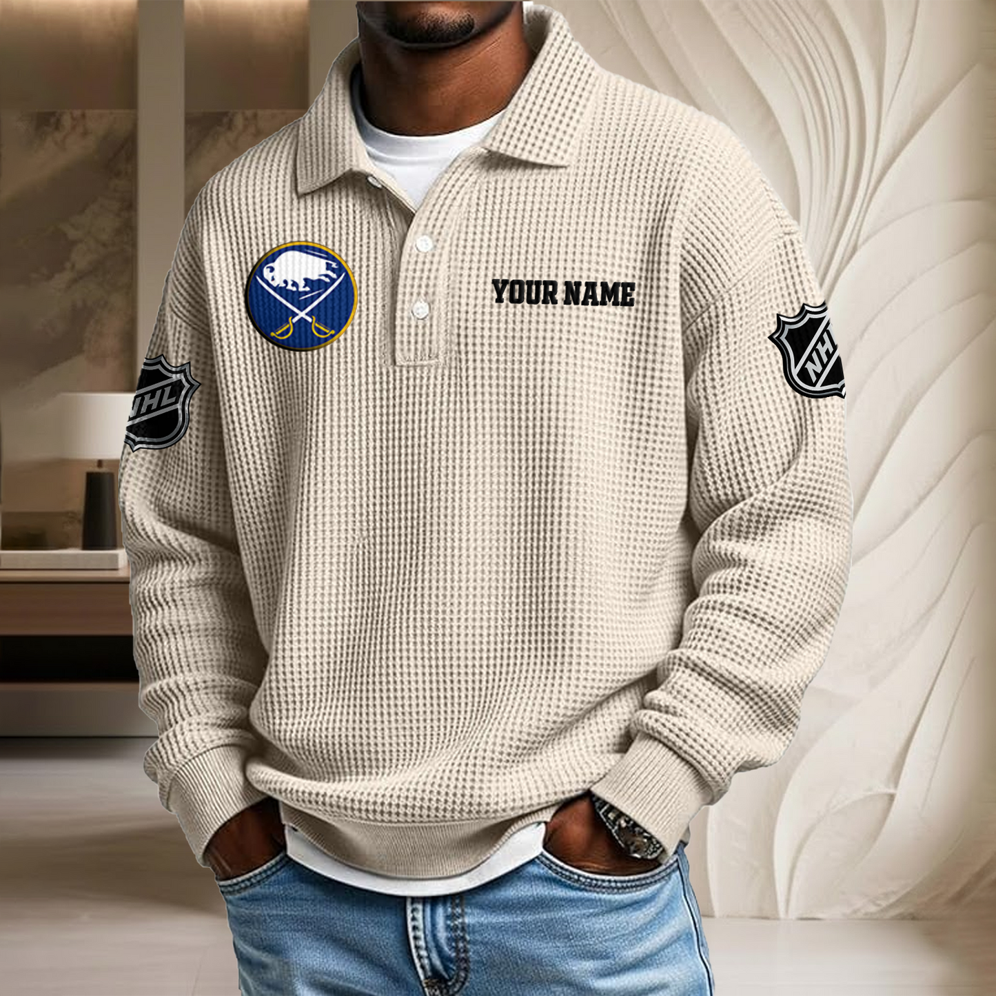 NHL x BUF Custom Name Waffle Three Button Lapel Polo HLP HLPHUONG