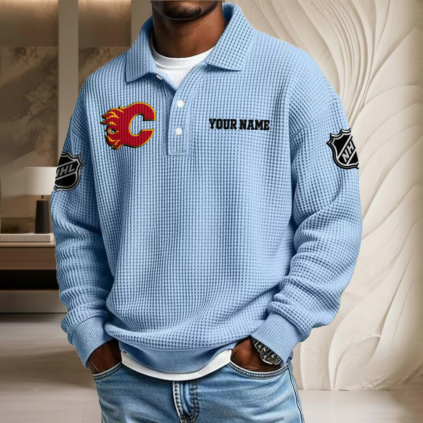 NHL x CAL Custom Name Waffle Three Button Lapel Polo HLP HLPHUONG