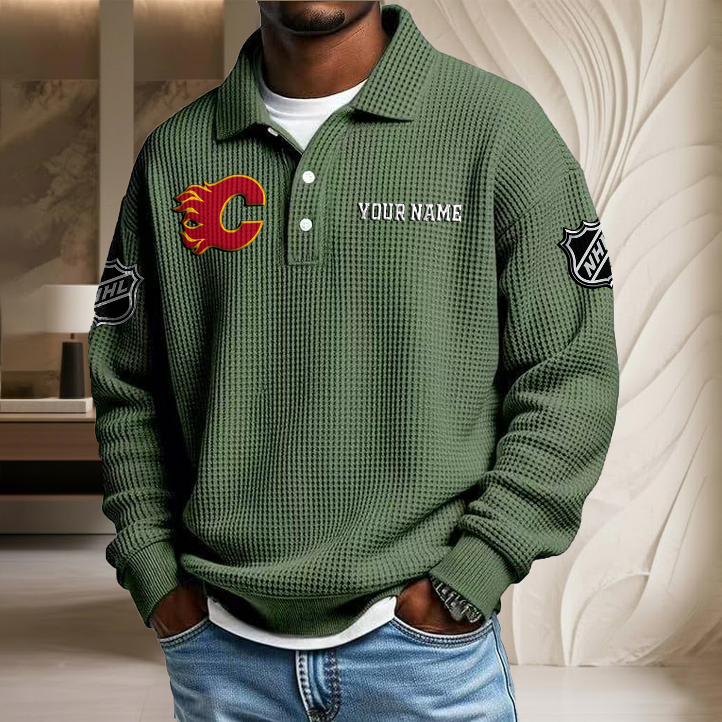 NHL x CAL Custom Name Waffle Three Button Lapel Polo HLP HLPHUONG